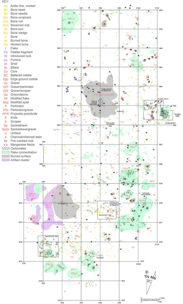 Photo of a map made in ArcGIS. it has Labels for bones, shells, and other items