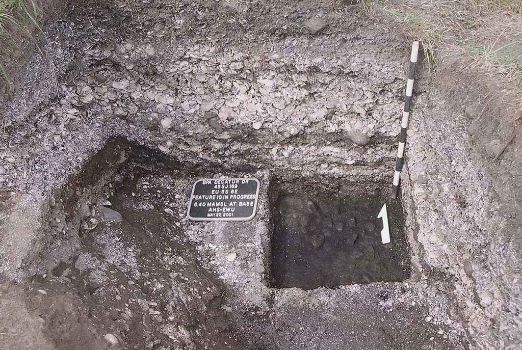 Photo of a dig site. There is a square hole in the middle with a stripped pole denoting where it is