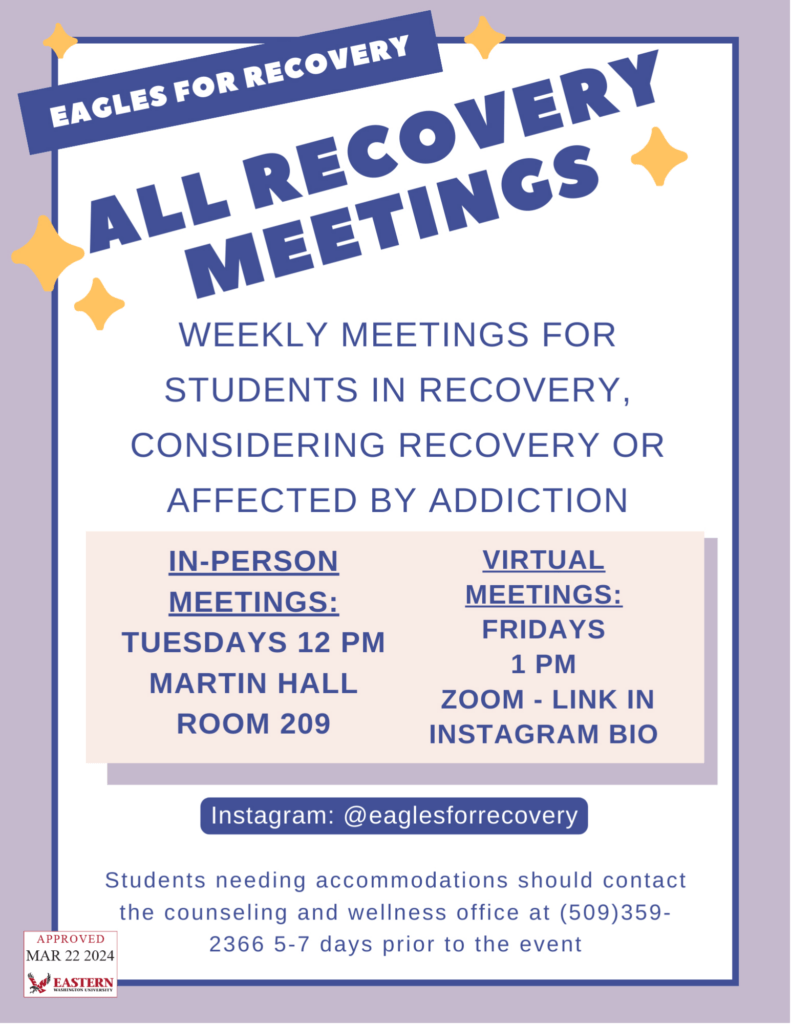 All recovery meetings. Weekly meetings for students in recovery, conisidering recovery, or affected by addiction