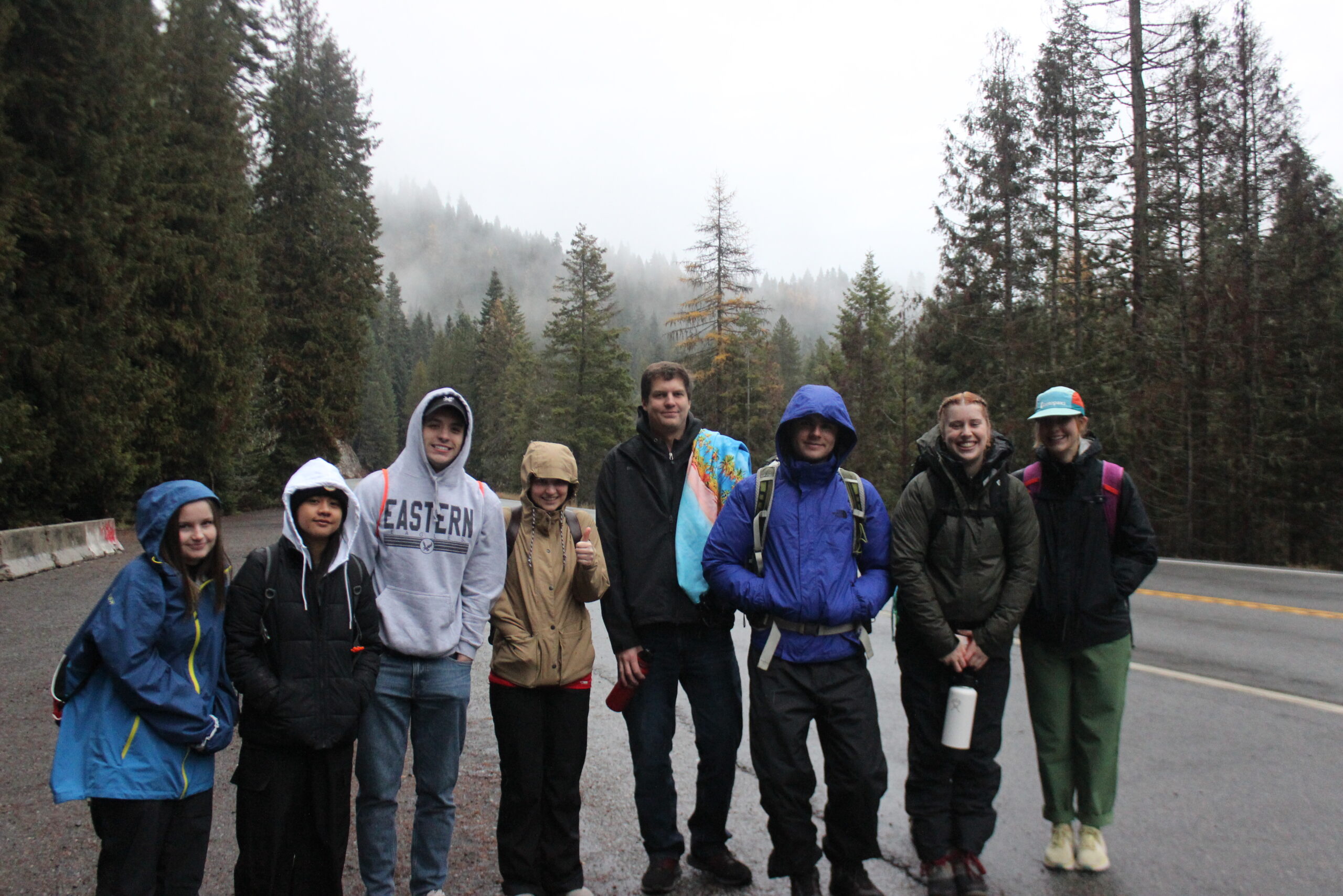 Group of EWU Students on a wet road