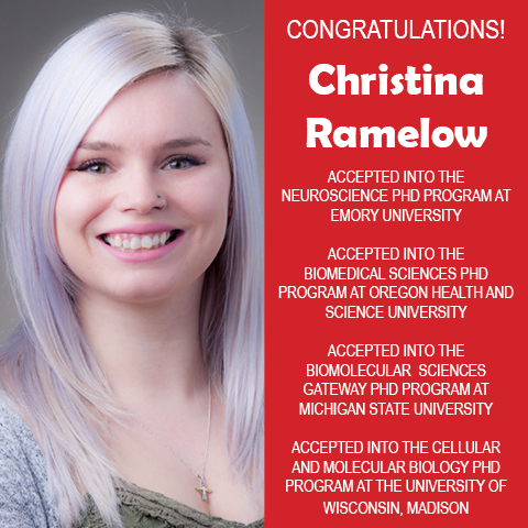 Photo of EWU Scholar Christina Ramelow next to red background with white text congratulating her for acceptance into multiple PhD programs.