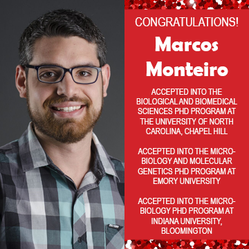 Photo of Marcos Monteiro next to text congratulating him on acceptances into 3 PhD programs