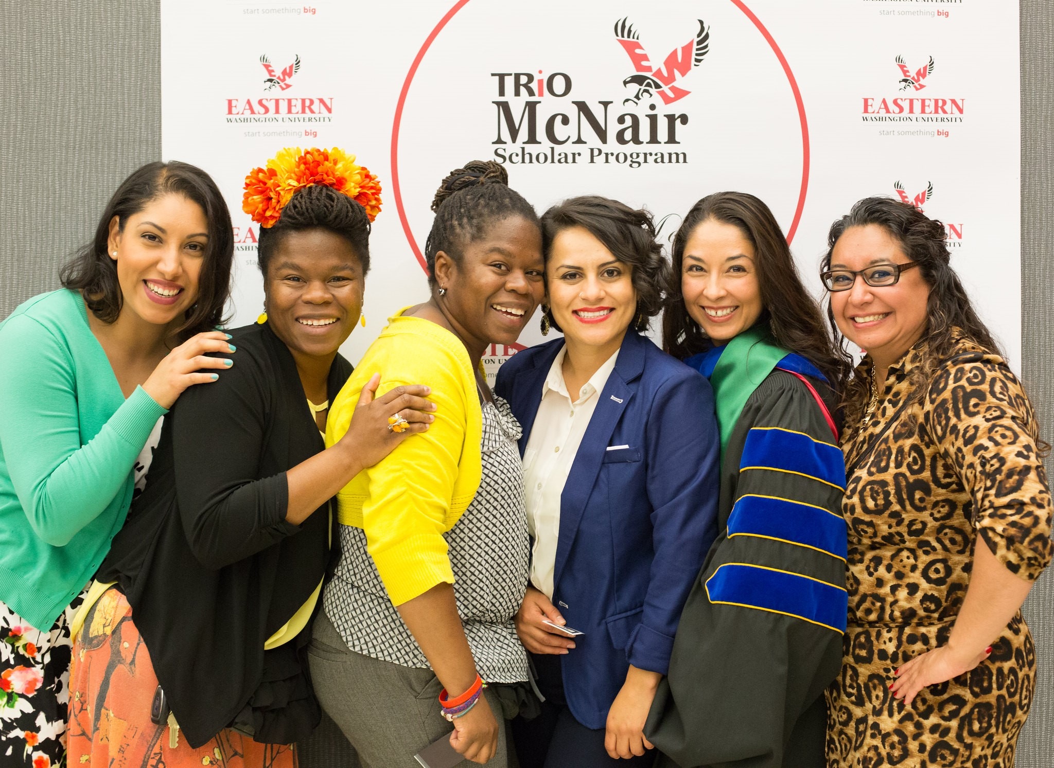 Left to Right:
McNair alum Isaura Gallegos: MS in Genetics and Cell Biology at WSU, current PhD student in Education and Human Learning and Development at Harvard; McNair alum Deseure Deberry: MA in Justice Studies, Arizona State University; McNair alum Charise Deberry, MA in Sociology at WSU, PhD in Cultural Studies and Social Thought in Education, WSU, currently University of Minnesota Morris McNair Assistant Director; McNair alum Maria Morales: PhD in Cultural Studies and Social Thought in Education from WSU, current faculty at the Evergreen State College; Maria Reyna, TRIO Student Support Services alum, Master's in Social Work from EWU, currently Director New Student Transitions & Family Programs at EWU.