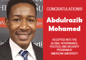 Photo of Abdulrazik Mohamed next to text announcing his acceptance to grad school, red confetti in the background