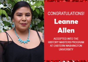 Photo of Leanne Allen next to text announcing her acceptance to grad school, red confetti in the background