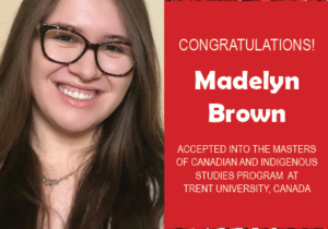 Photo of Madelyn Brown next to red confetti background with text congratulating her.