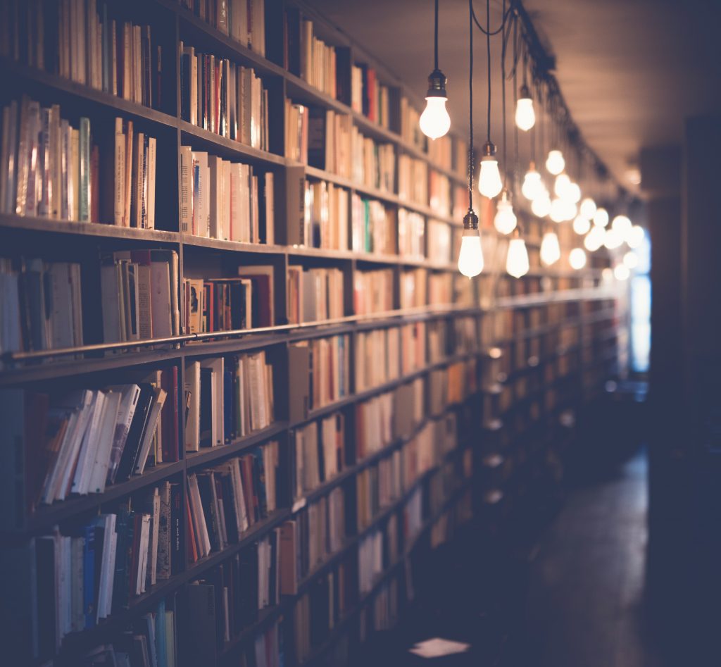 photo of bookshelves lining a wall. The shelves go to the ceiling and are illuminated with small hanging lights