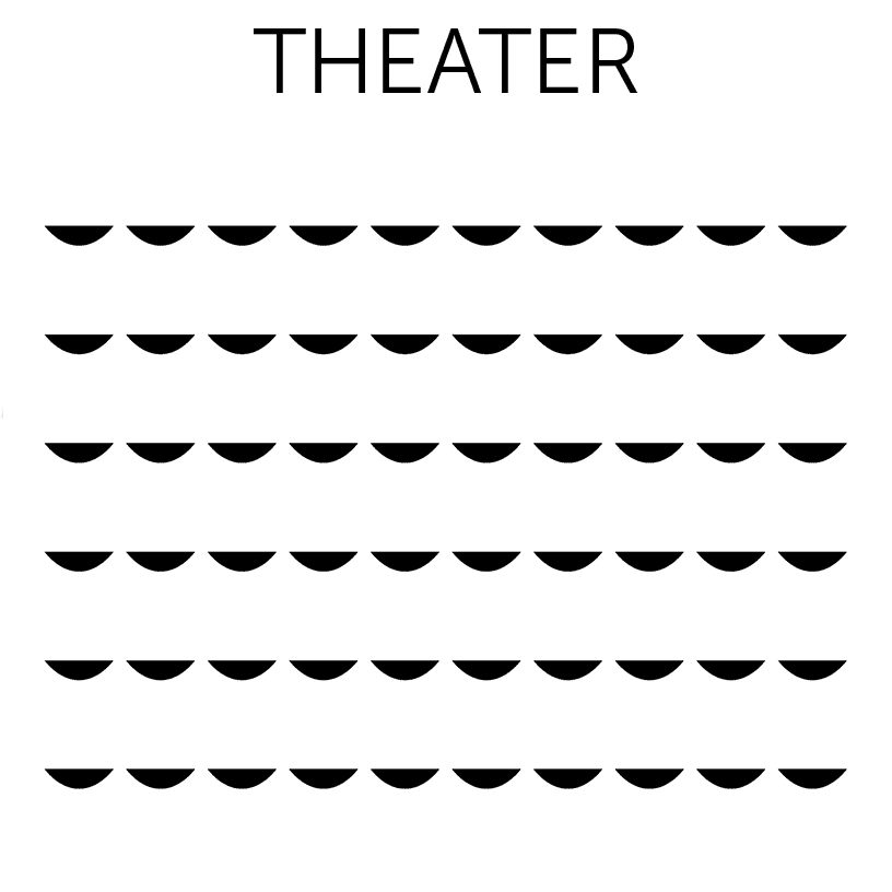 Theater Layout. In this layout, there are no tables. Instead chairs are set up in the direction of a stage so they can look at the speaker or preformance