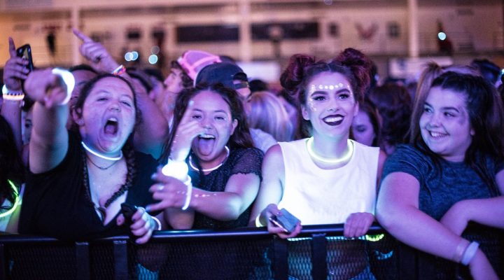 Group of students smiling at night behind a fence. They have glow in the dark necklaces and wristbands