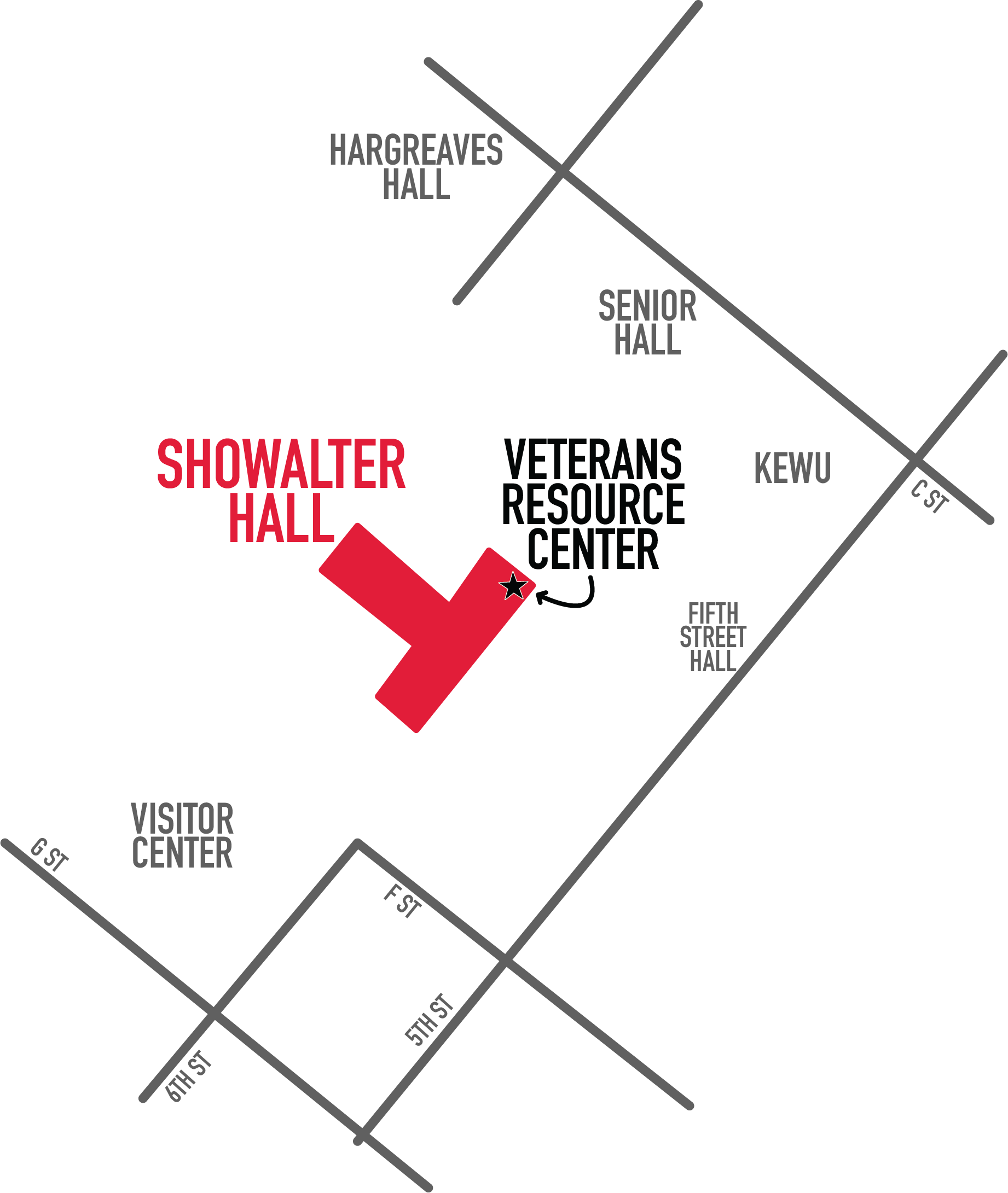 Map of showalter hall. It shows a diagram of where places are. The Veterans resource center is located in the back right of the building.